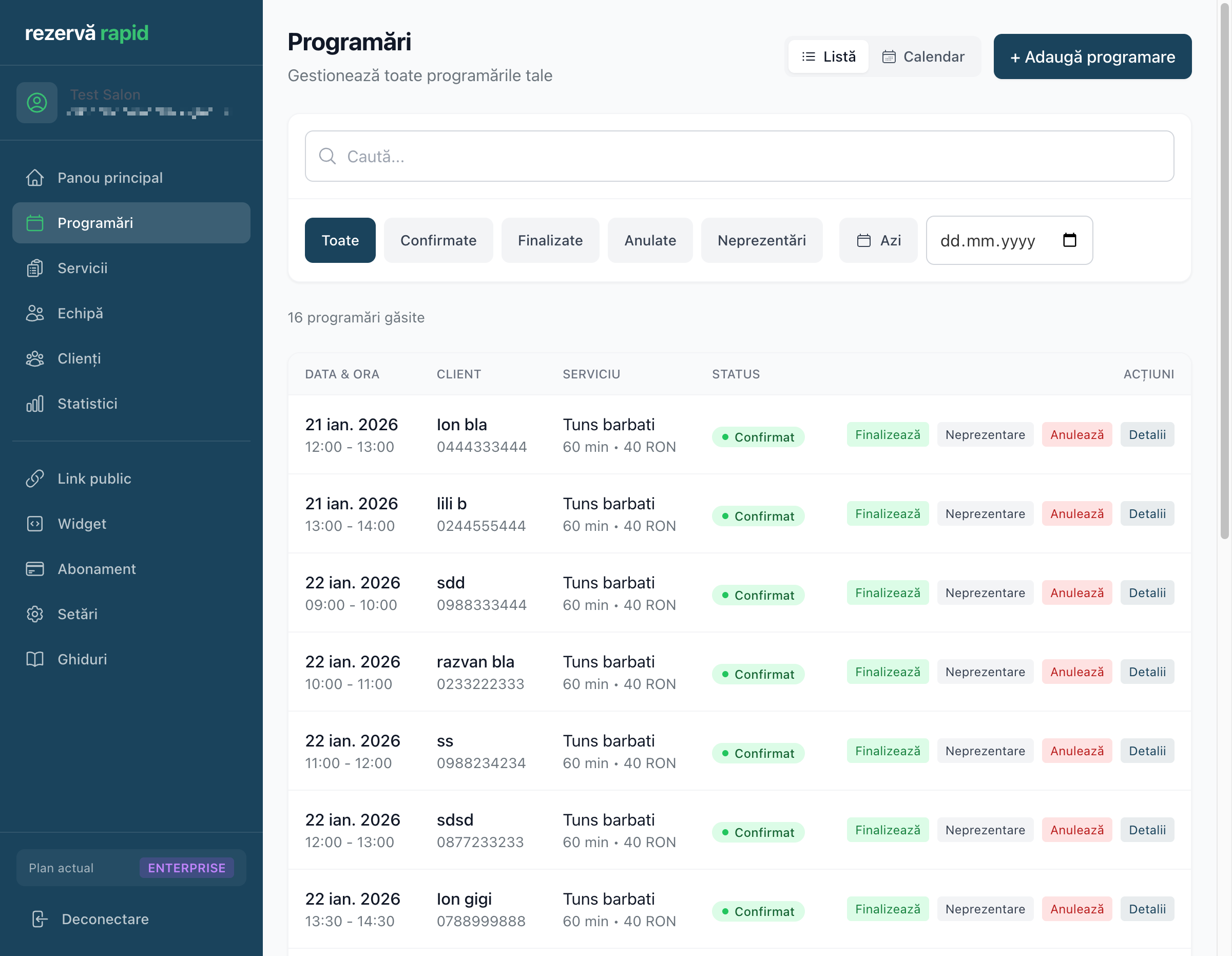 Lista de programări