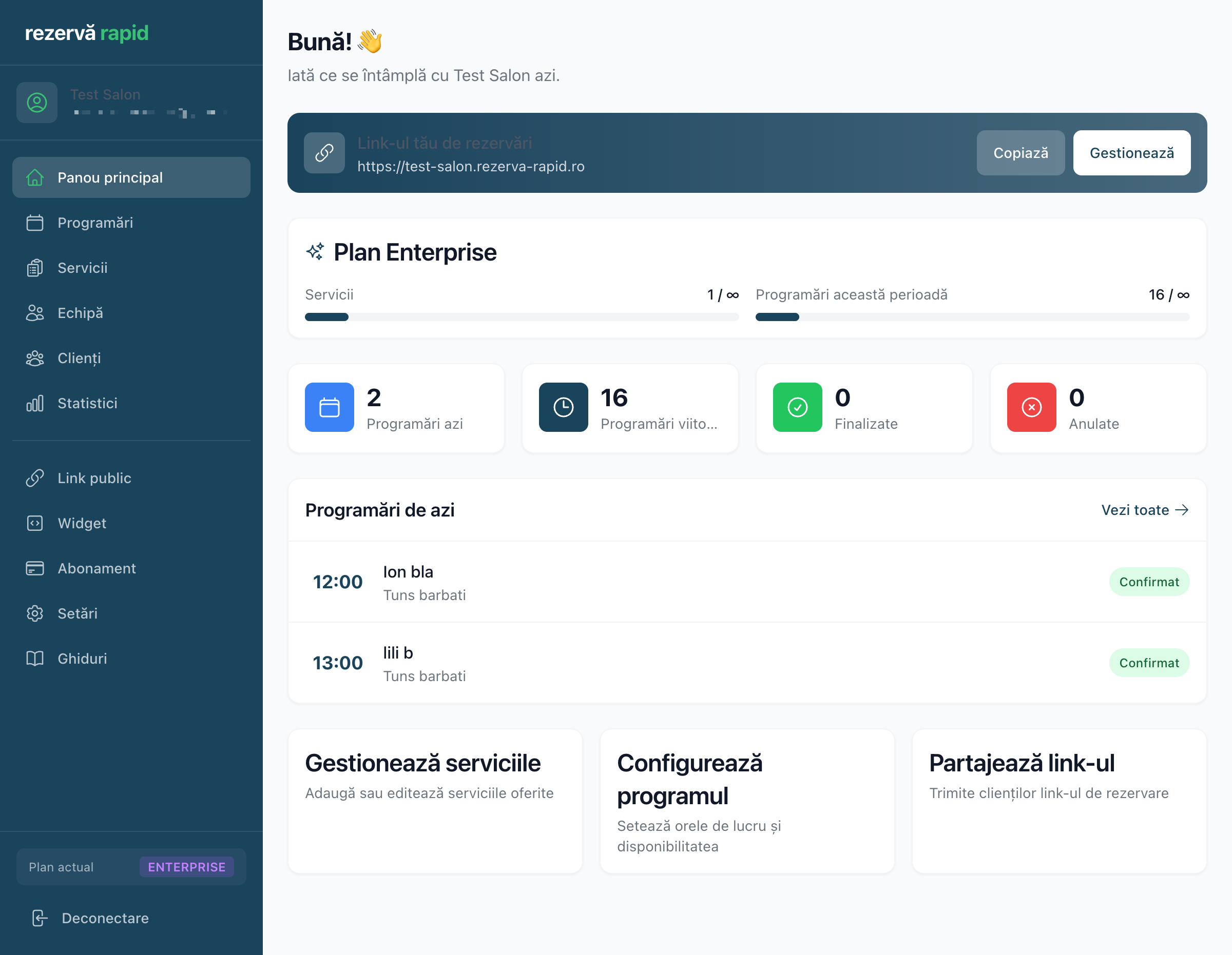 Dashboard-ul Rezervă Rapid